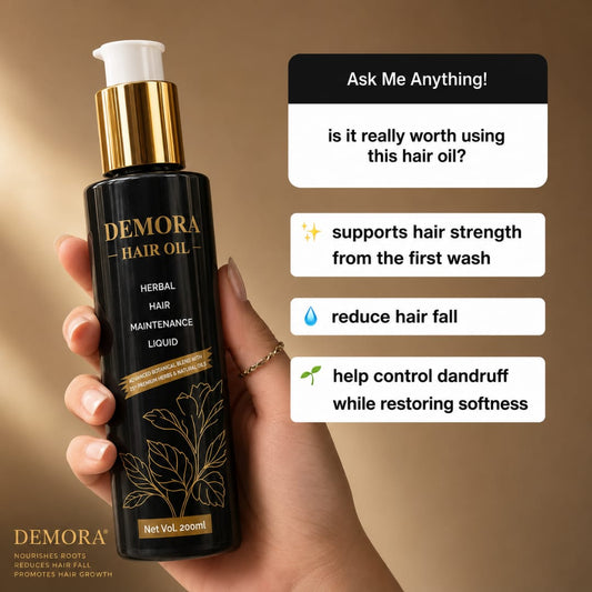 Demora Herbal Hair Oil 200ml pump bottle with 25+ herbs and oils